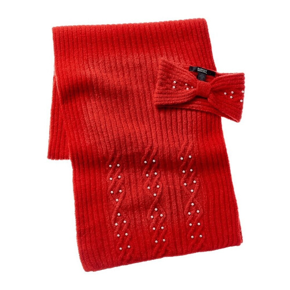 Badgley Mischka Women's OS Red Cable Knit Stretch Headband & Scarf Set RED902